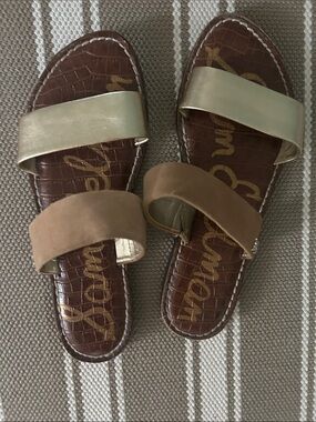 Sam Edelman Two-Band Slide Sandals in Gold and Brown Suede